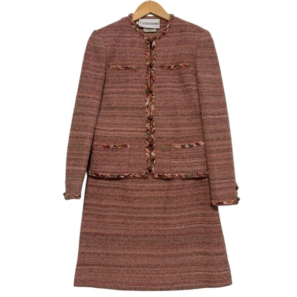 Vintage 80’s Castleberry Stretch Tweed Jacket & Skirt Suit In Pink | Size 10 - Picture 2 of 16